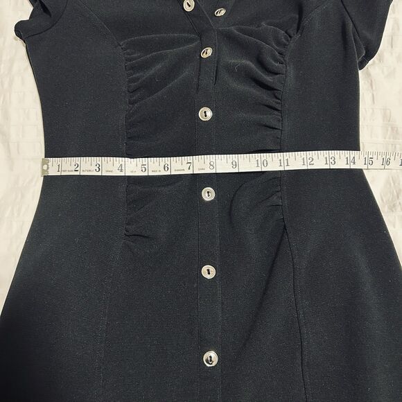 VTG Y2K Ruched Bodycon Dress Sz 8 Black Stretch Silver Button CorporateGoth Punk - Picture 10 of 12